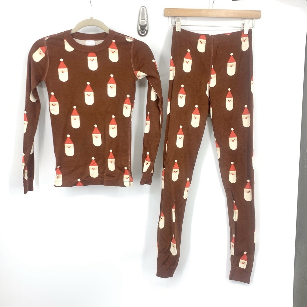 Hanna Andersson Kids 150 Size 12 Large PJ Pajama Set Pants Shirt Brown Santa